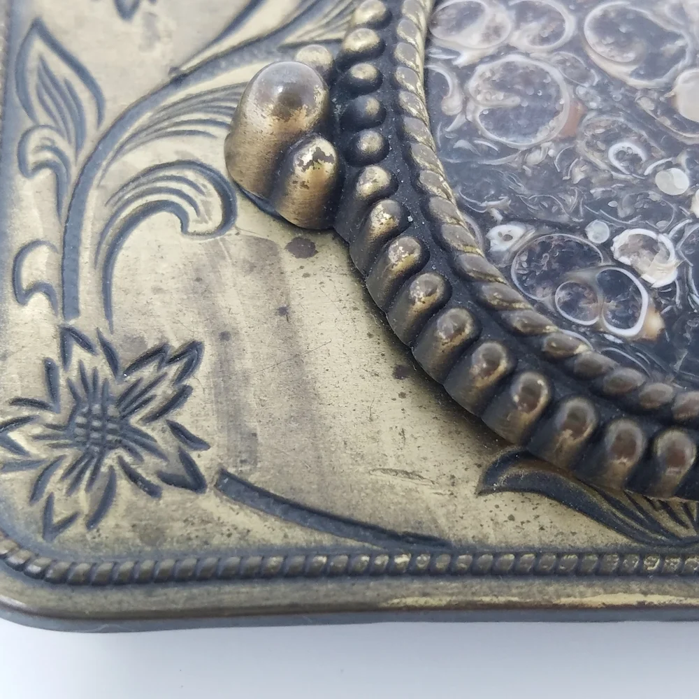 Vintage Brass Tone Belt Buckle With Brown Marble Like Stone
